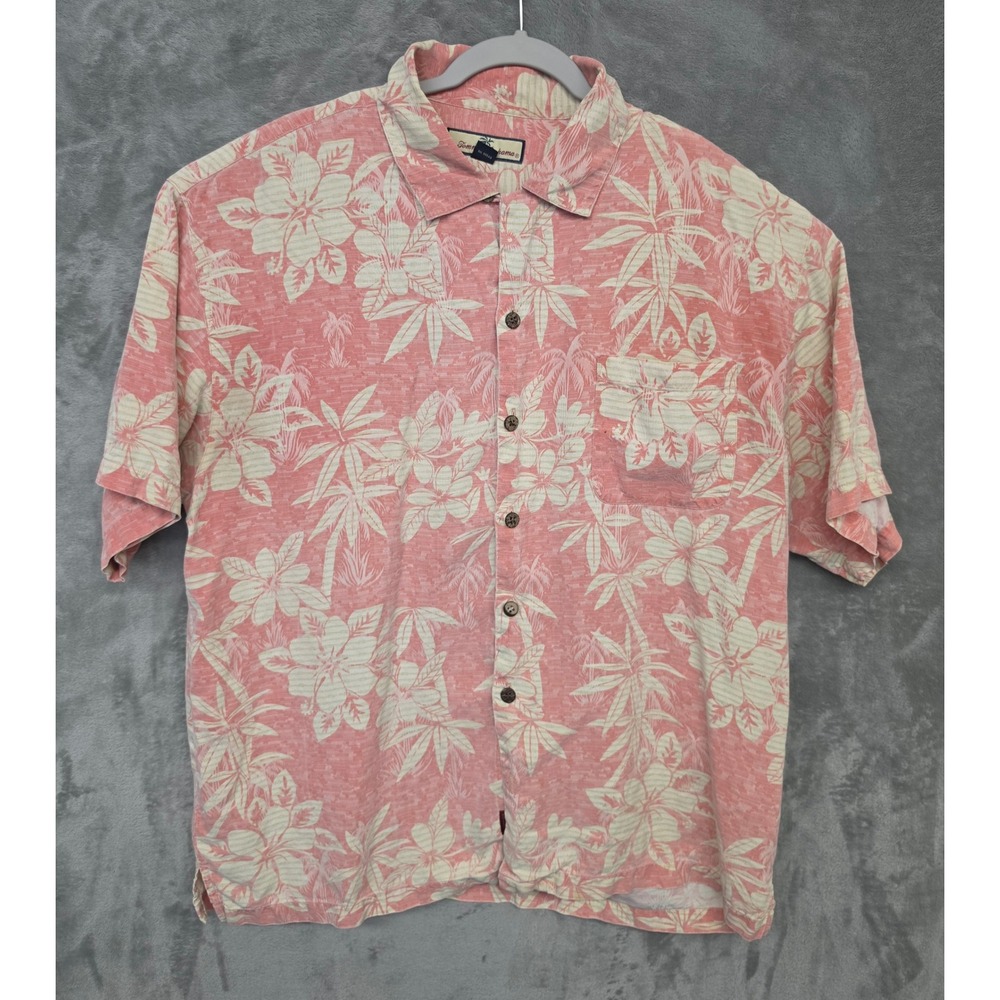 Tommy Bahama Mens XL Silk Short Sleeve Button Down Shirt Salmon Pink Floral Palm